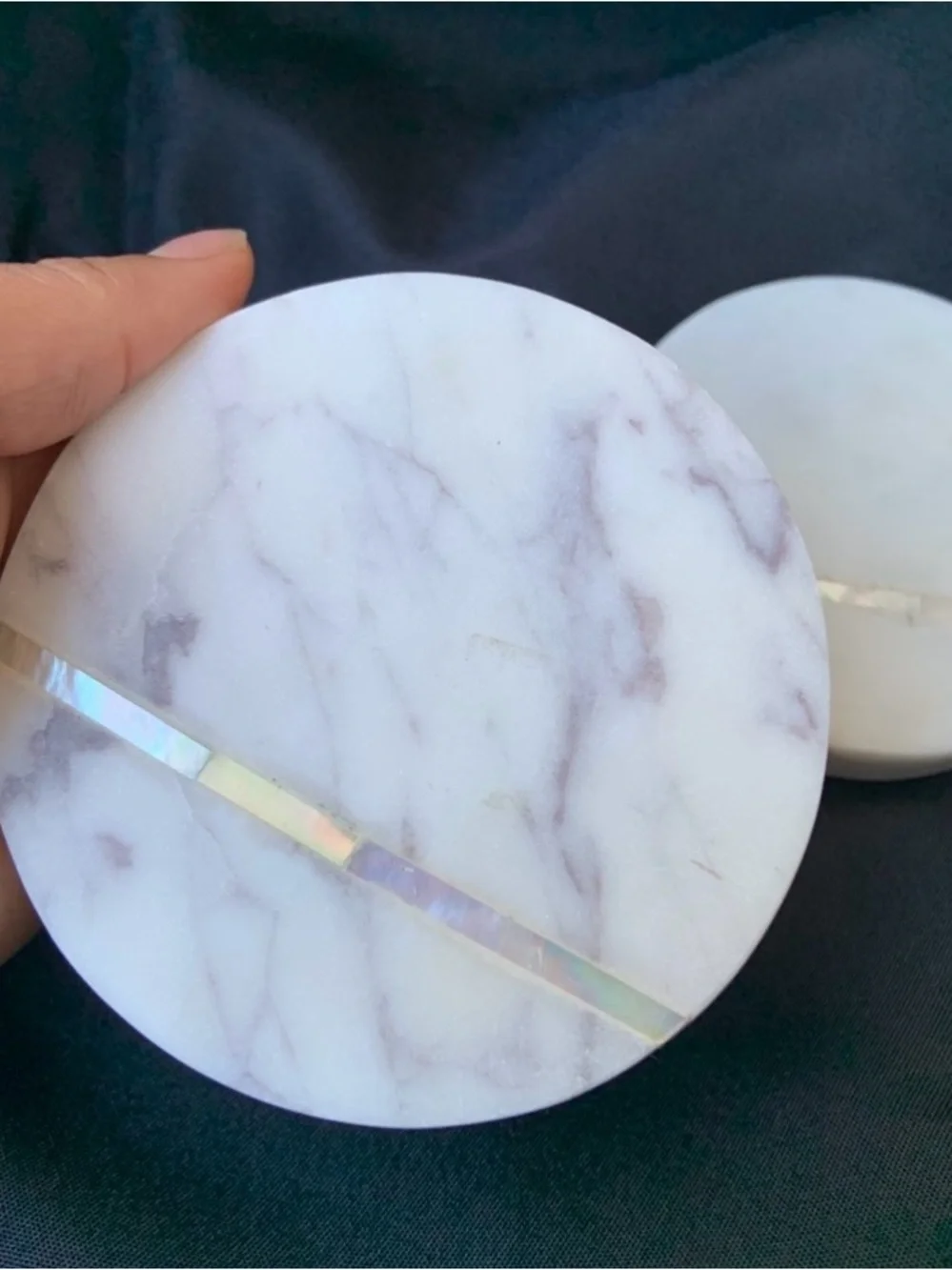 White Marble Round Coasters with Iridescent Inlay - Set of 2